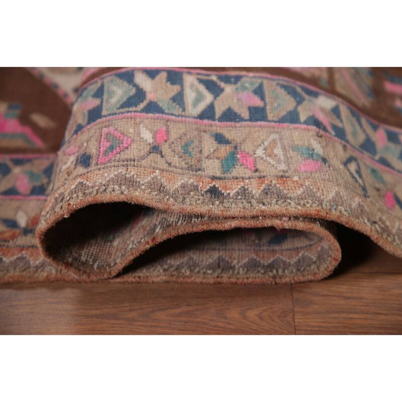 Hand Knotted Oriental 100% Wool Carpet Traditional Geometric Brown Heriz Runner Rug - 10' 11'' X 3' 9''