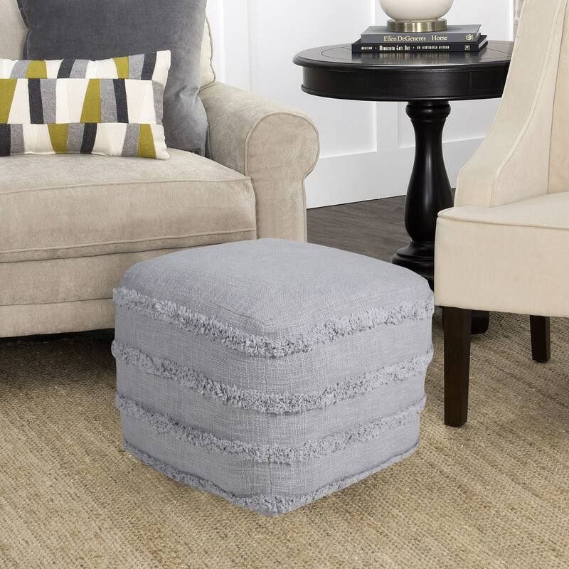 18" Gray Solid Texture and Striped Square Pouf Ottoman