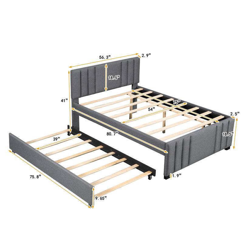 Full Size Upholstered Bed with Trundle, Elegant Linen Platform Bed with Tufted Design, Extra Sleeping Space for Kids or Guests
