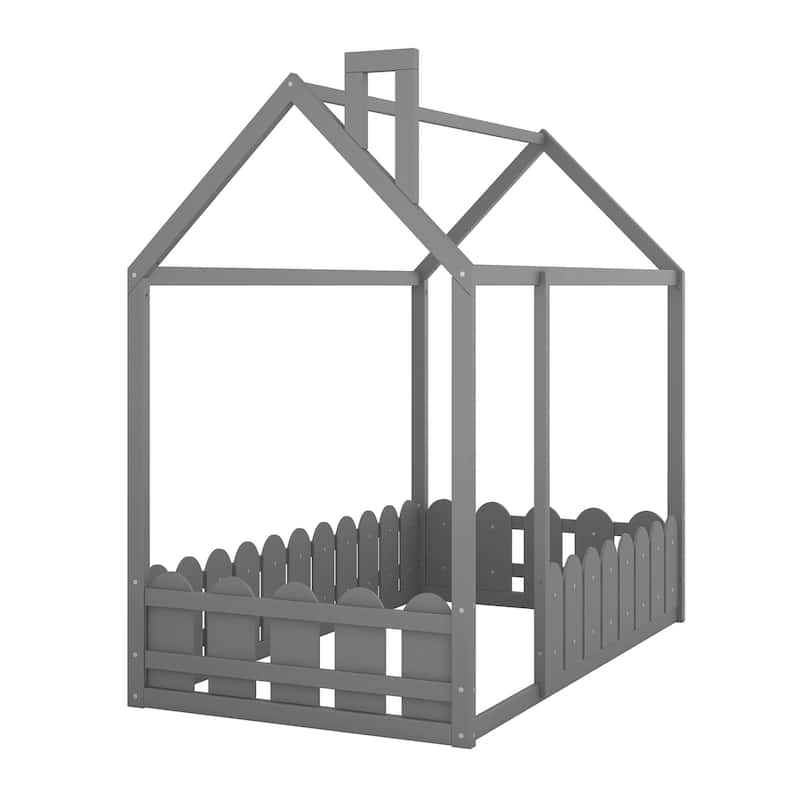 Espresso Twin Size Wood House Bed Frame with Fence, No Slats Included