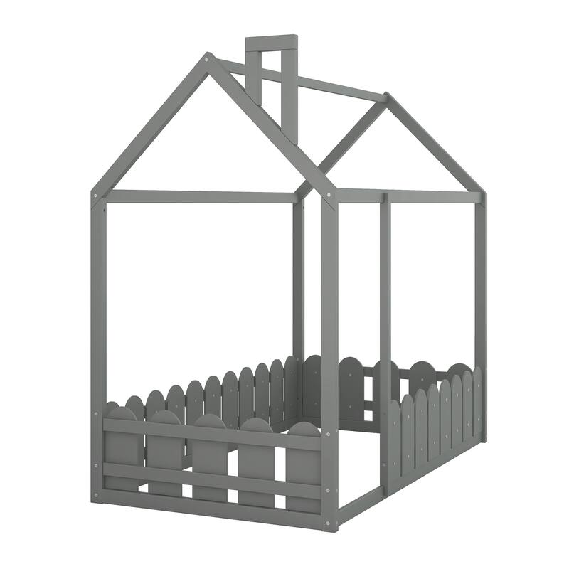 Wooden Twin House Bed with Pine Frame, Roof, and Fence, Perfect for Play and Sleep