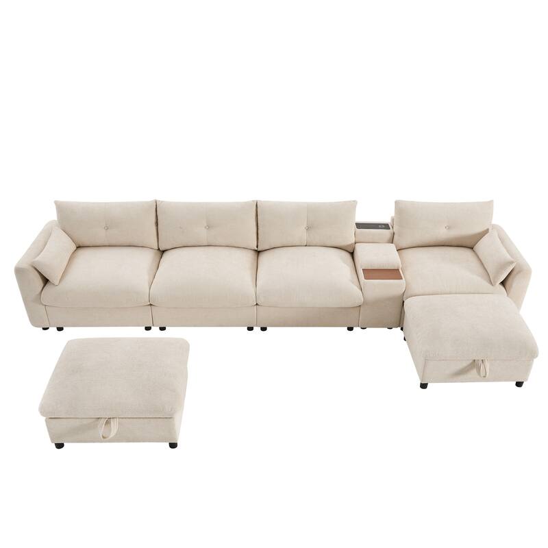 Roomfitters 136'' Modular U-Shaped Sectional Sofa with Console, Cup Holder, USB, Storage Ottoman, Chenille