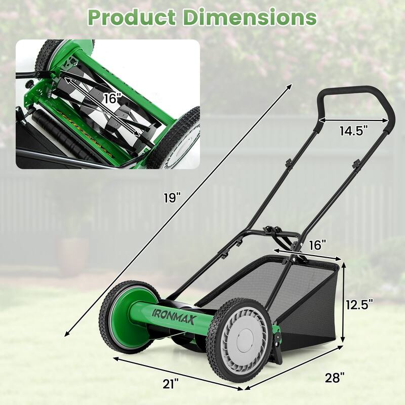 Manganese Steel Manual Lawn Mower with 5 Blades and Grass Bag - 23" L x 28" W x 49" H
