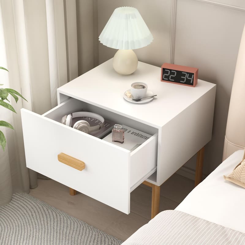 Anmytek Modern White Nightstand with Drawer Wood Legs Minimalist Bedside Table for Bedroom Living Room