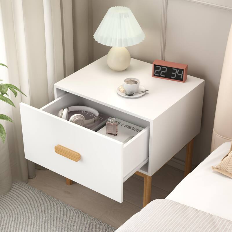 Modern White Nightstand with Drawer and Wood Legs, Minimalist Bedside Table for Bedroom, Living Room, Apartment