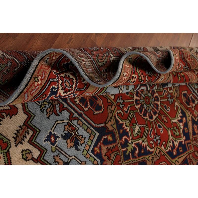 Geometric Heriz Serapi Indian Rug Hand-Knotted Blue Wool Carpet - 7'11"x 9'9"