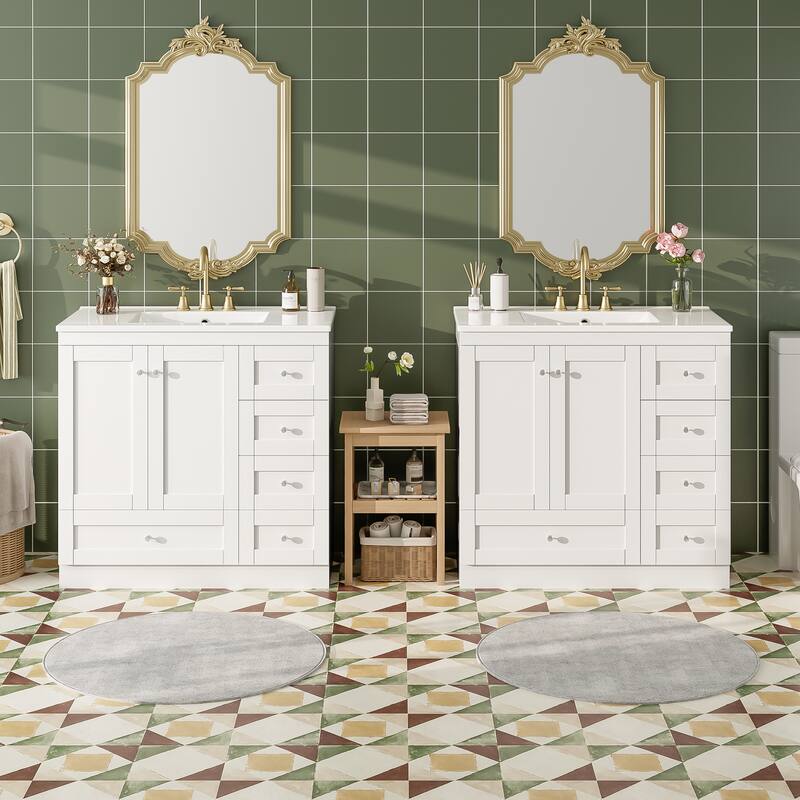 GDFStudio - Natura Shaker Style Double Ceramic Sink Freestanding Bathroom Vanity Set with Soft-close Drawers and Doors, Set of 2