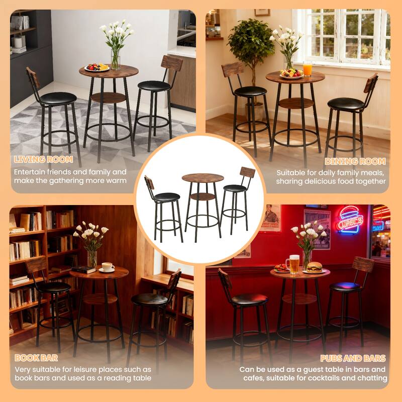 3 Pieces Round Bar Table and Chairs Set, Small Dining Table for 2 with 2-Tier Storage & 2 PU Upholstered Bar Stools