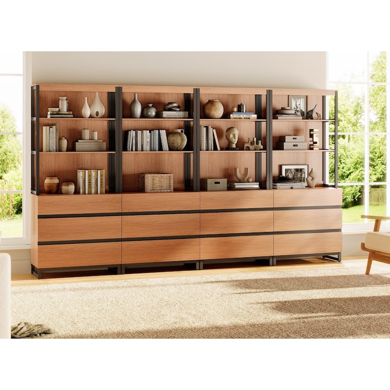 WAMPAT Modern 72" Tall Bookcase with Drawers and Open Book Shelfs, Library Book Shelf for Home Office, Living Room