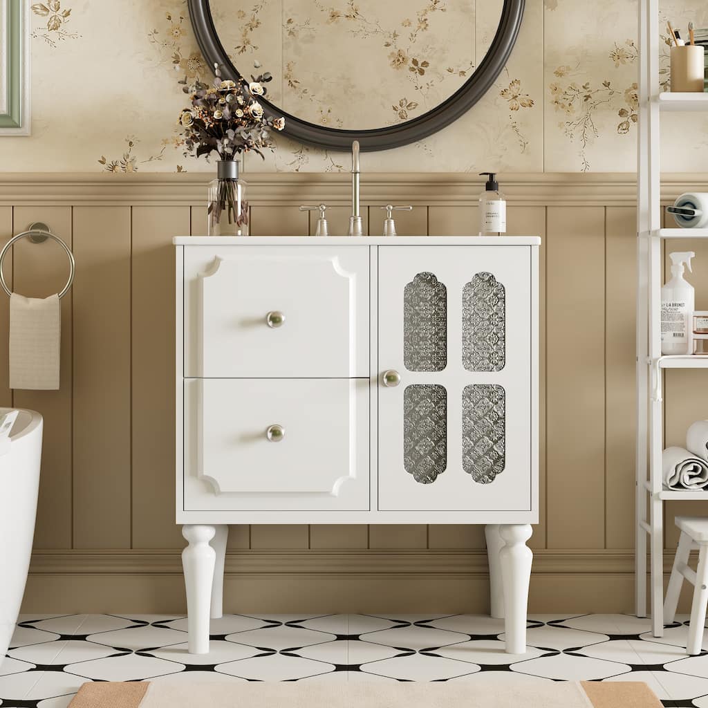 Retro Style 30'' Bathroom Vanity with Ceramic Sink Combo, Freestanding Single Vanity with 2 Drawers,Solid Wood Frame Cabinet