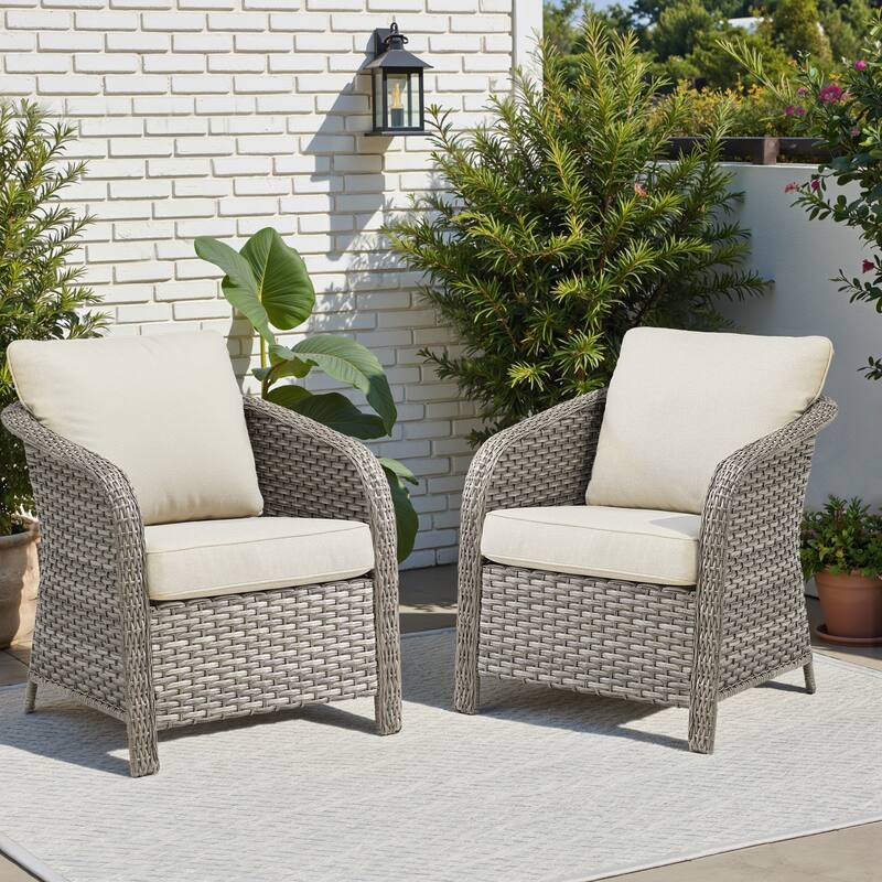 Pocassy Outdoor Patio Furniture Wicker Sofa Chair Set - Light Grey Wicker Beige Cushion - 2 Pieces Patio Chair