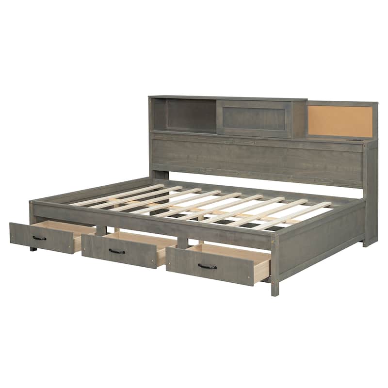 Full Size Wooden Daybed with 3 Storage Drawers, Upper Soft Board, shelf, and a set of Sockets and USB Ports