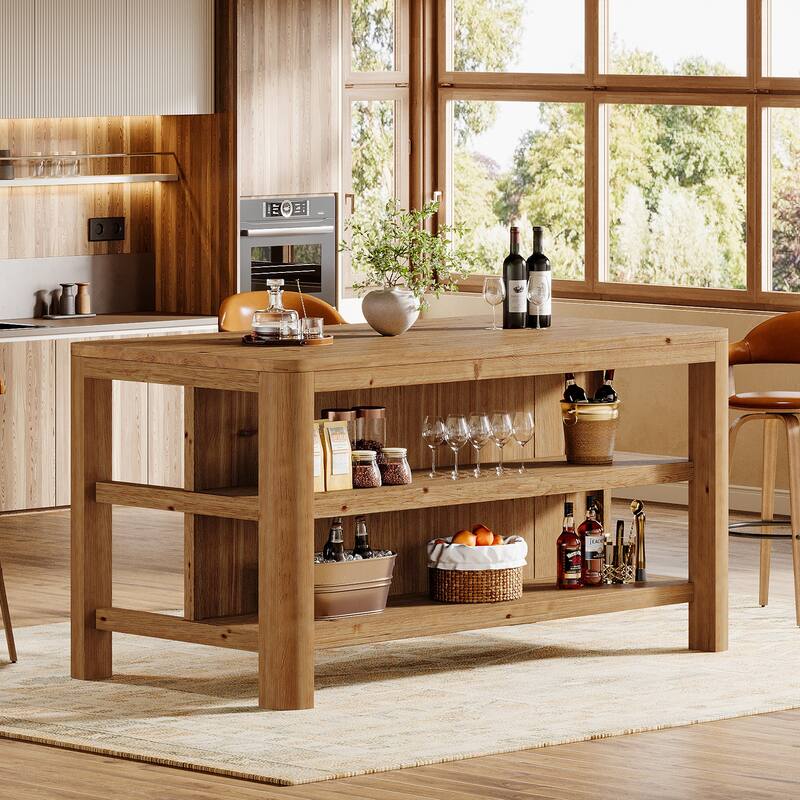 63'' Solid Wood Bar Table, Counter Height Pub Table with Storage Shelves