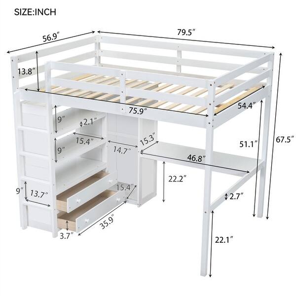 dimension image slide 1 of 2, Full Size Loft Bed with Built-in Wardrobe and Storage Shelves, Solid Wood Loft Bedframe with Bulit-in Desk and 2 Storage Drawers