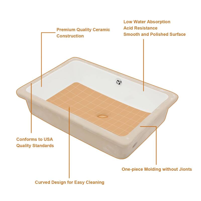 18/20 in. Undermount Vessl Sink White Rectangle Porcelain Ceramic Lavatory Bathroom Sink