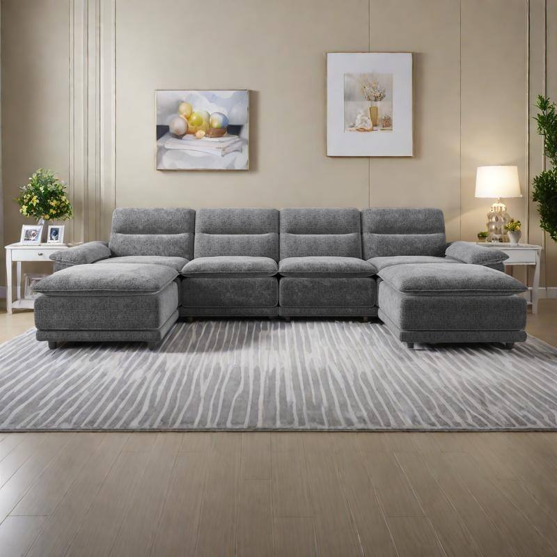 141" Chenille U-Shaped Sectional Sofa with High Back Cushion, Chaise Lounge and Ottoman - DARK GREY