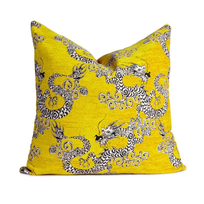 Sherry Kline 22" One of a Kind Dragon Pillow, Feather/Down Fill, Zipper Closure - Yellow