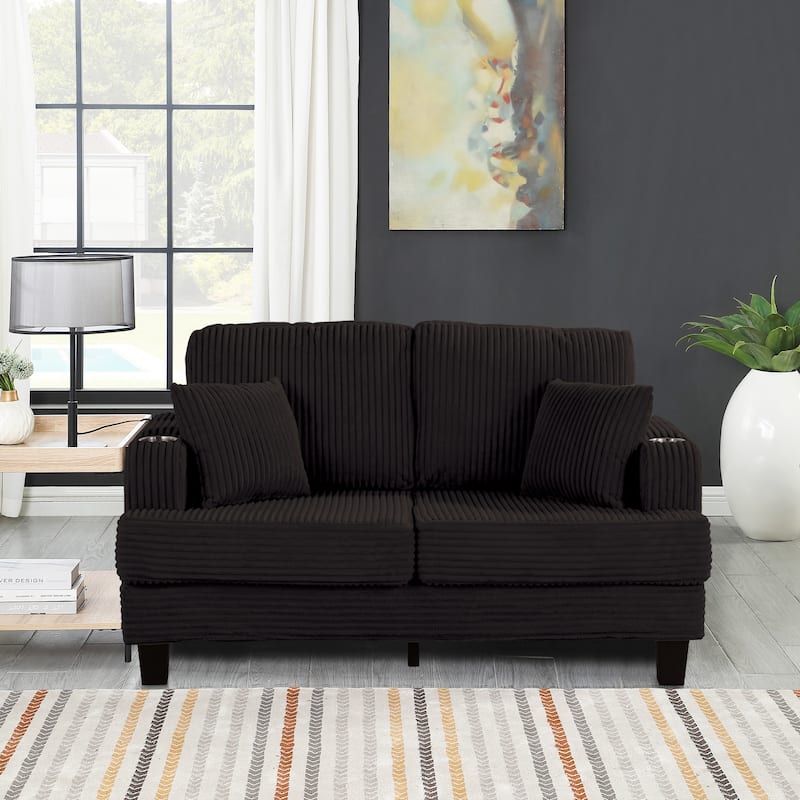 61" Contemporary Corduroy Loveseat Sofa with 2 Pillows and Cup Holder