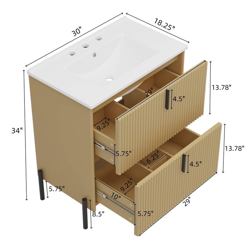 30" Bathroom Vanity with Ceramic Sink, Fluted Design, Full-Extension Drawers, Soft Close Drawer Slides