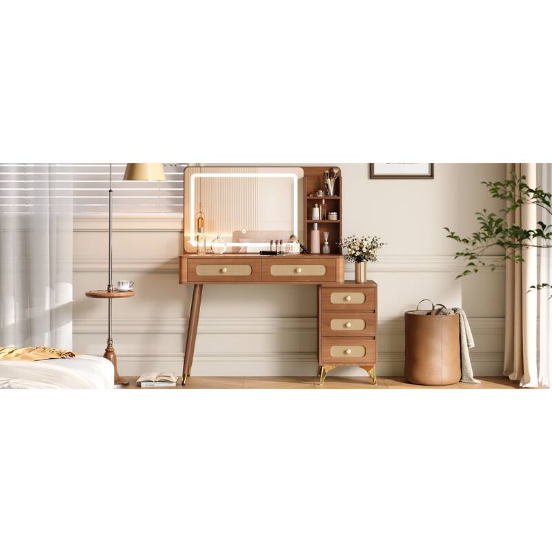 Makeup Vanity with Mirror & Lights, 3 Color Lighting Modes Adjustable Brightness, Dressing Table with 5 Drawers & Storage Shelf