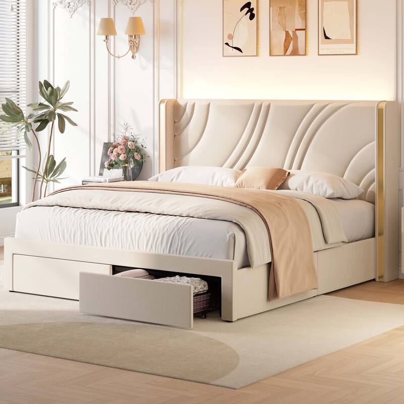 Modern Wingback Bed Frame with Storage Drawers RGB Light