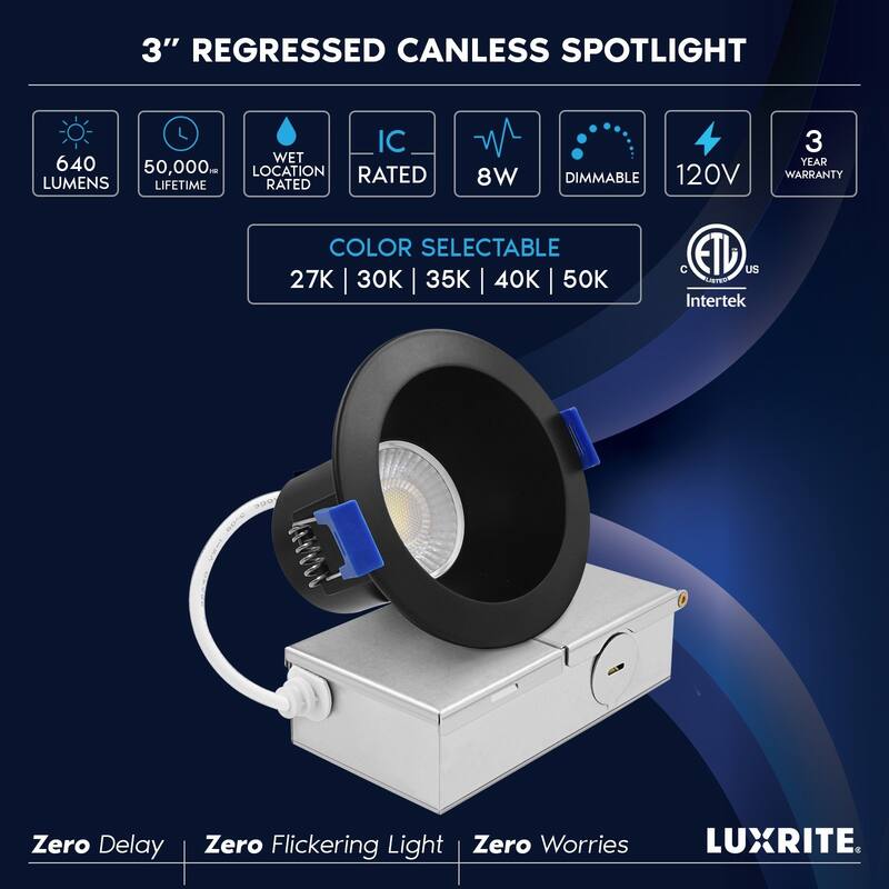 Luxrite 3 in. LED Recessed Ceiling Light J-Box 8W 5CCT 640 Lumens Dimmable Wet Rated Black Trim