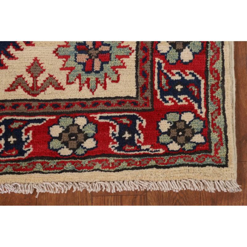 Beige Geometric Kazak Foyer Rug Hand-Knotted Wool Carpet - 2'9" x 4'1"