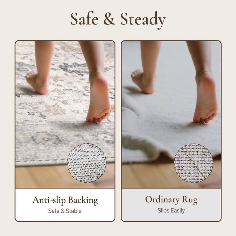 Mcow Vintage Light Taupe Brown Floral Low Pile Machine Washable Runner Rug