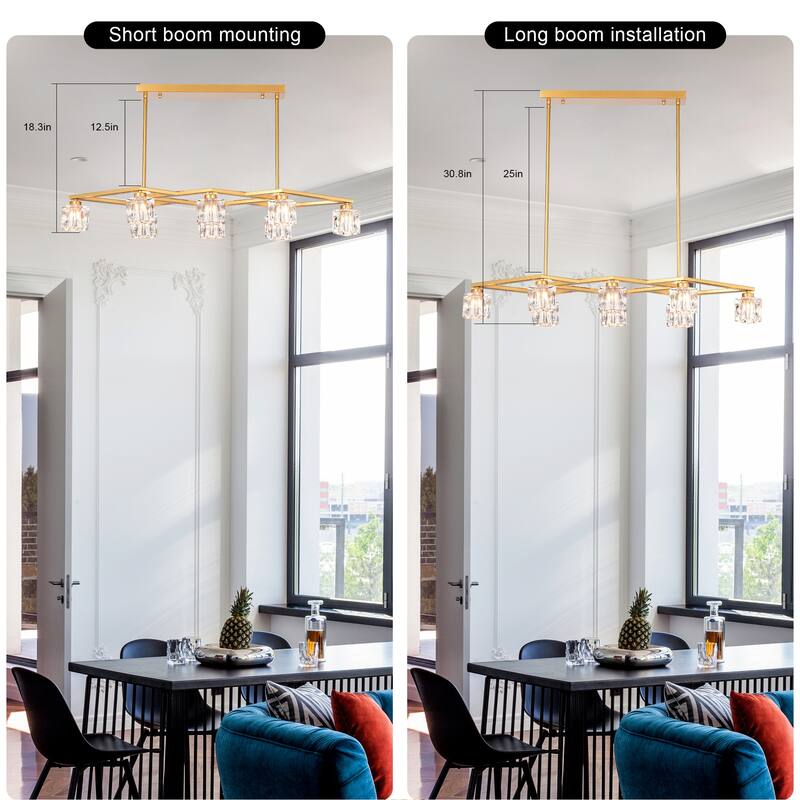 Modern 8-Light Crystal Chandelier Matte Gold Industrial Metal Chandelier, for Dining Room Kitchen, Living Room