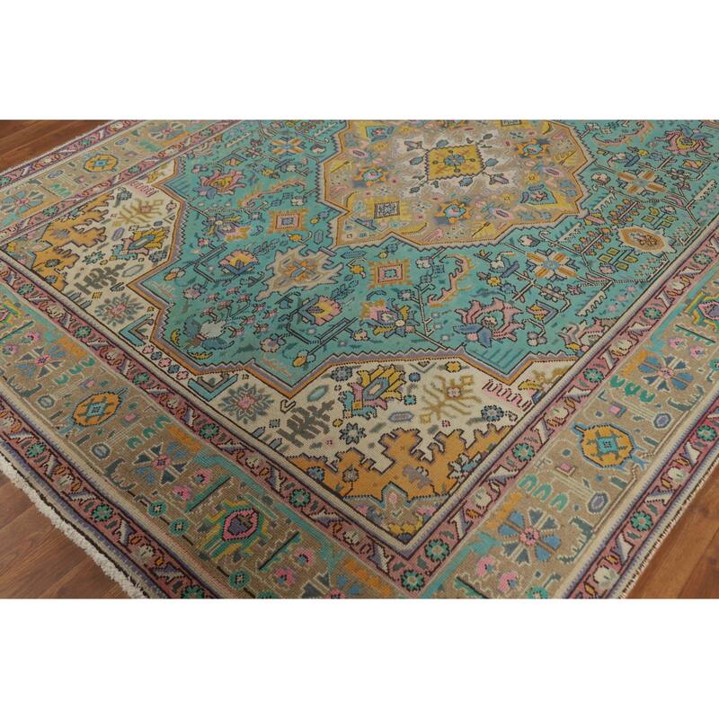 Hand Knotted Oriental 100% Wool Carpet Traditional Floral Navy Blue & Blues Tabriz Area Rug - 9' 6'' X 6' 9''