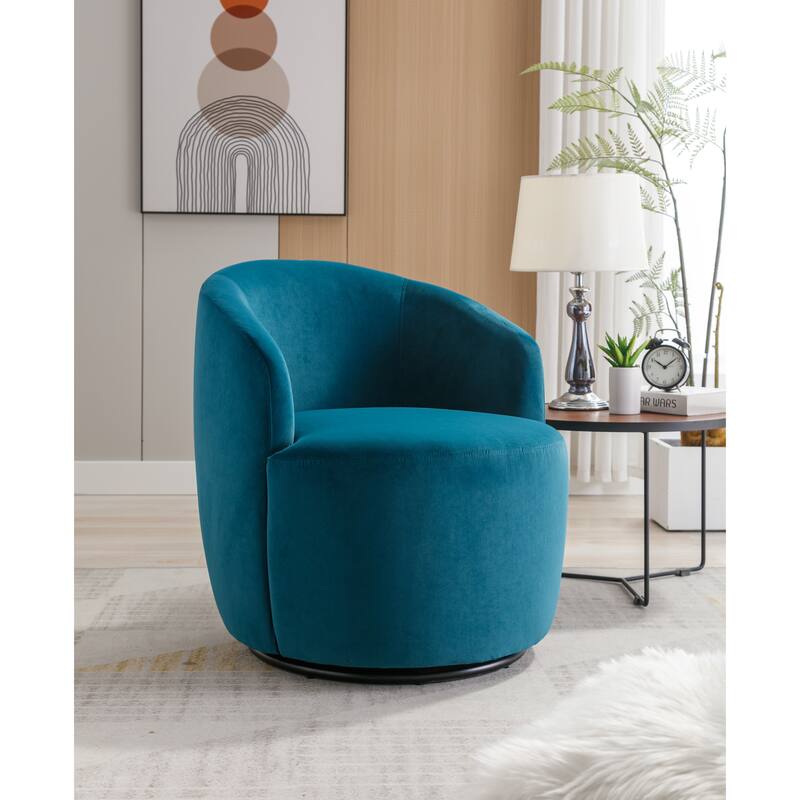Modern Barrel Swivel Accent Chair with Metal Base, Round Velvet Upholstered Reading Chair w/ Curved Back for Living Room Bedroom
