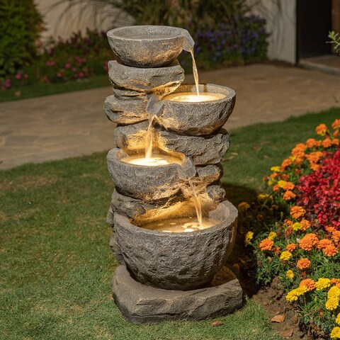 Glitzhome 32"H LED Polyresin Cascading Tiered Stone Bowls Fountain Outdoor