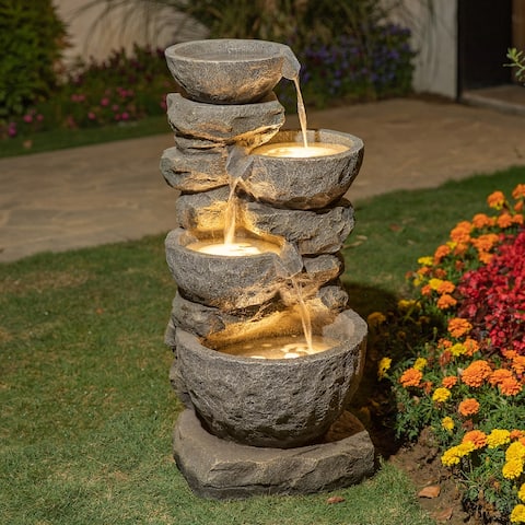 Glitzhome 32"H LED Polyresin Cascading Tiered Stone Bowls Fountain Outdoor