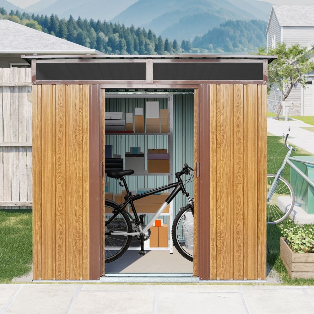 Rustproof Galvanized Steel Storage Shed Garden Shed with Sliding Lockable Doors & Tilted Roof Waterproof Tool Shed