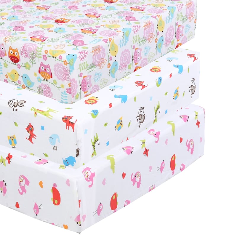 Princess Flower Butterfly Ladybug Animals Dot Girls Pink Purple Cotton Toddler/Baby Crib Child Fitted Sheet Set (Pack of 3) - Animal World 