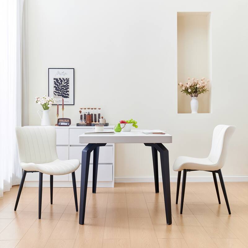 Pair of Cream White Mid-Century Modern Dining Chairs with Faux Leather Upholstery‌ -  Black,Cream White