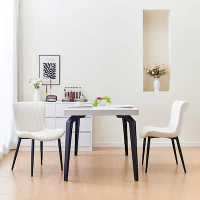 Pair of Cream White Mid-Century Modern Dining Chairs with Faux Leather Upholstery‌