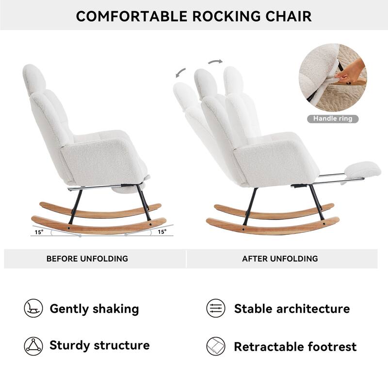 Comfortable Teddy Fabric Upholstered Rocking Chair with High Backrest and Pillows for Indoor Use