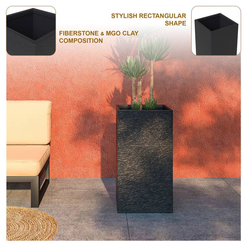 Basalt Modern Tall Square MGO Fiberstone Planter with Drainage, Weather-Resistant Indoor & Outdoor Patio Pot