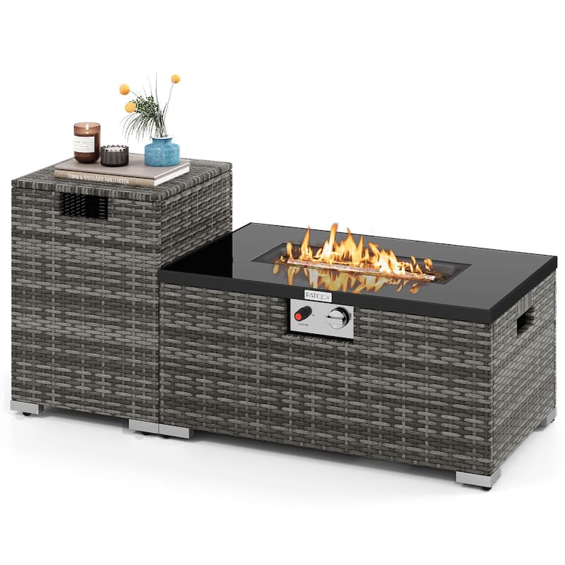 Outdoor 2-in-1 PE Rattan Fire Pit Table with Propane Tank Cover and Tempered Glass Top Patio Coffee Table Set - Gray