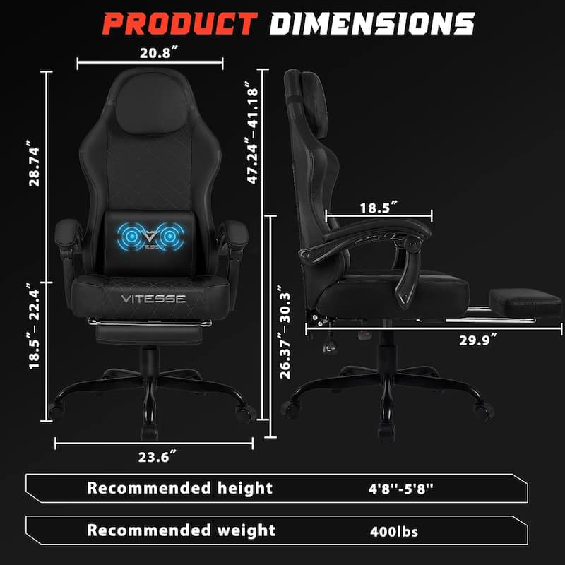 BOSSIN Ergonomic Gaming Chair – 400 lbs Support, PC/Racing Office Chair with Adjustable Swivel, Lumbar Vibration & Headrest