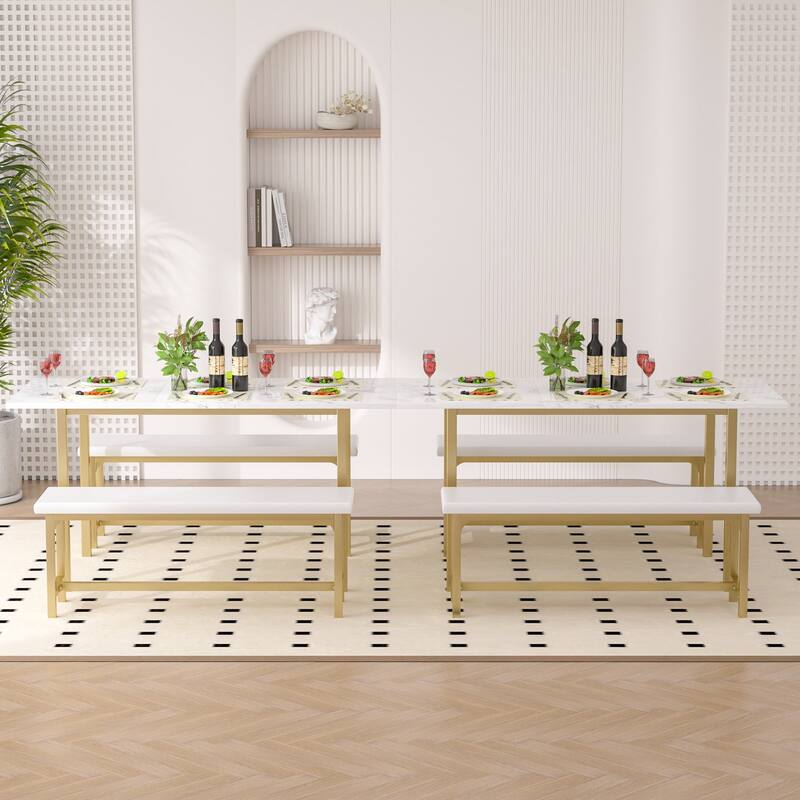 VECELO 3-Piece Dining Table Set with 2 Benches, 63" Extendable Kitchen Table & Chairs Set for 4-8, Dining Room Table