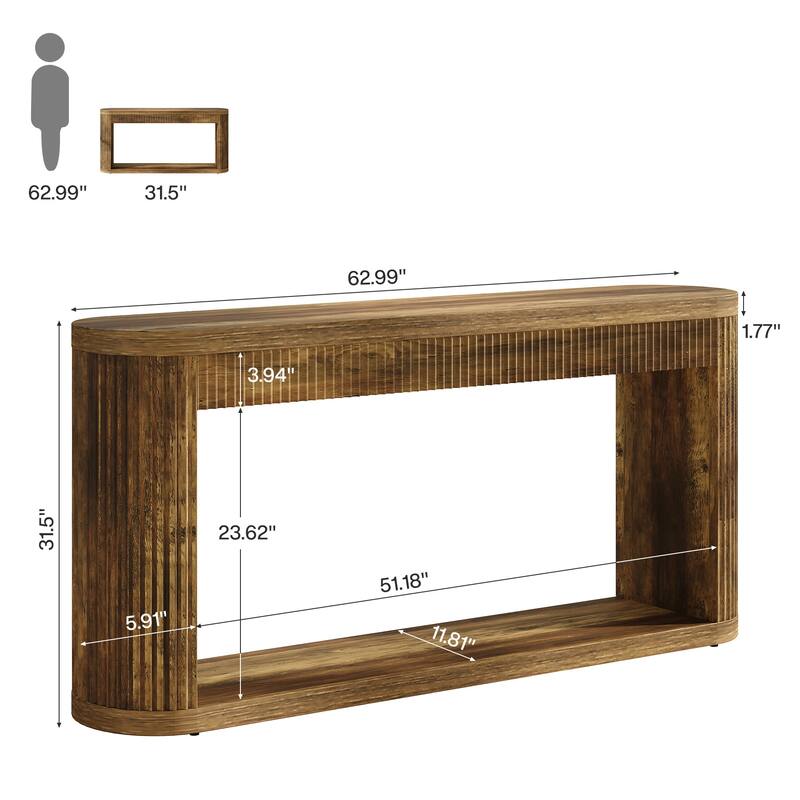 63" Oval Console Table, Wood Entry Desk with Waveform Fluted Design