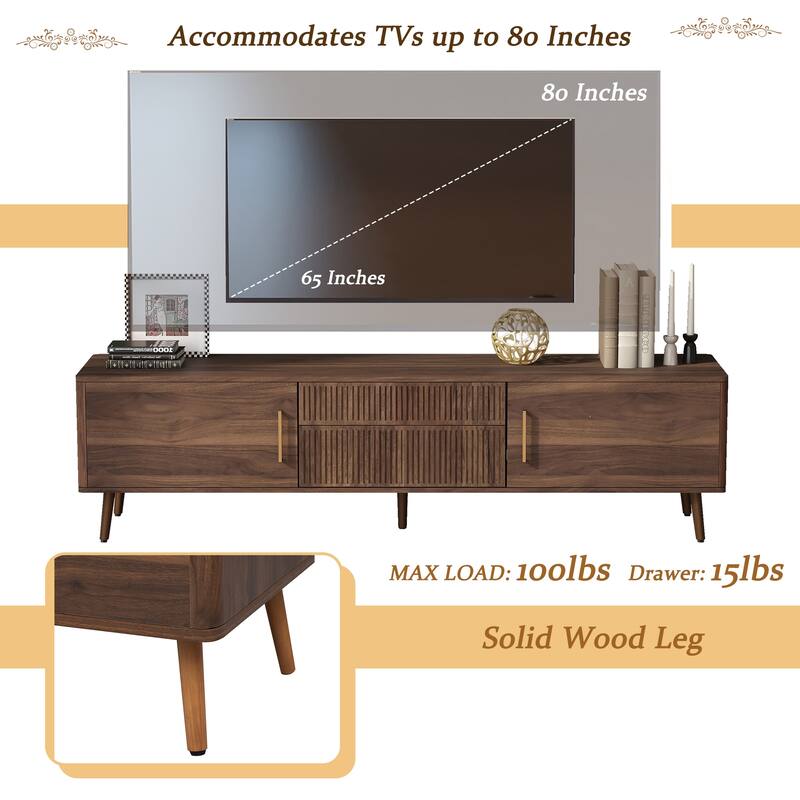 Mid Century TV Stand Media Console, for TVs up to 80" with 2 Drawers & 2 Storage Cabinets, for Living Room, Bedroom