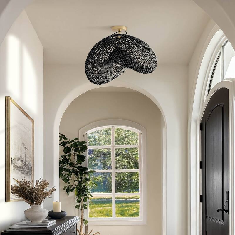 Lucian Rattan Flush Mount - Rattan Black 1-Light Handwoven Ceiling Light for Bedroom or Dining Room in Farmhouse, Country Style