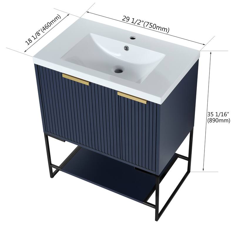 30 inch Plywood Freestanding Bathroom Vanity Set in Navy Blue with Integrated Resin Sink