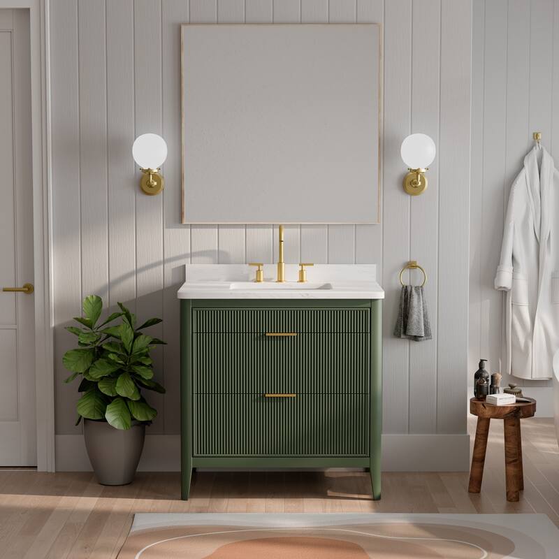 Modland 36" Freestanding Bathroom Vanity with Carrara Marble Top, Soft-Close Drawers, Fully Assembled, Green/Grey - 36 inch