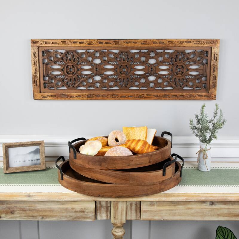 Acacia Wood Trays with Metal Handles - Set of 3 - 21.75"