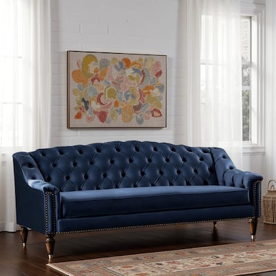 Cin 91 Inch Sofa, Button Tufted Camelback, Bench Seat, Nailhead Trim Blue