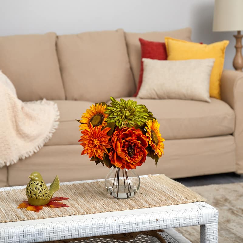 12" Peony, Dahlia and Sunflower Artificial Arrangement in Glass Vase